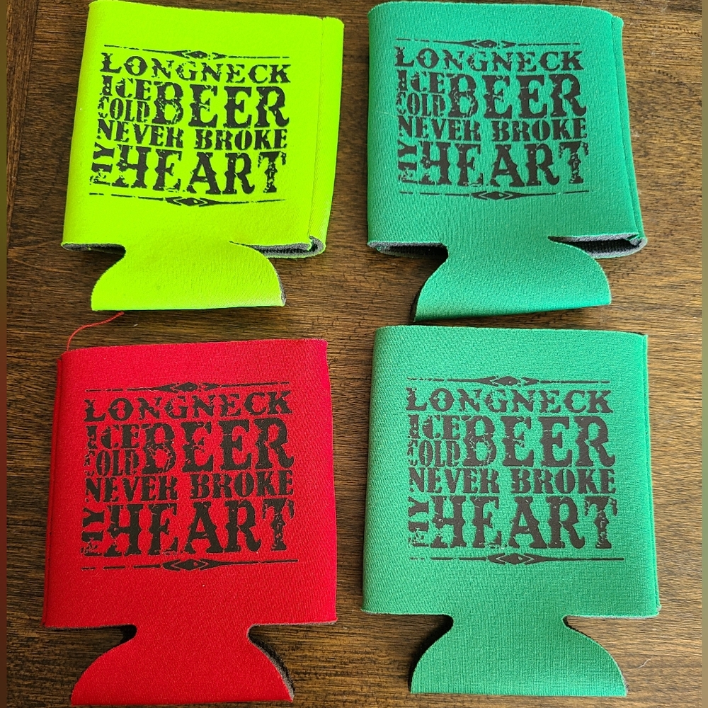 BOGO: Longneck Never Broke My Heart KOOZIE Set 4 GREEN/RED